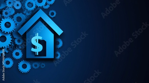 Blue house, dollar, gears, finance, background, mechanism, website