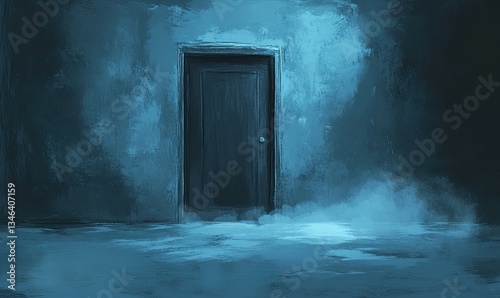 Mysterious, dimly lit room with a dark door