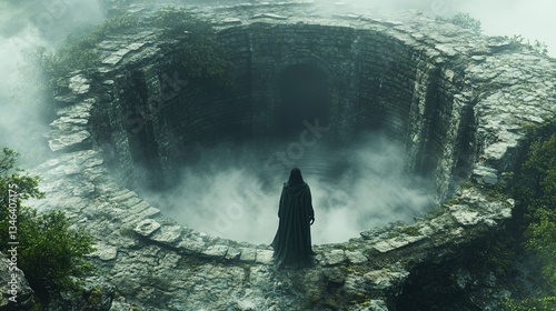 Towering stone hole with cloaked figure in foggy, overgrown ruin