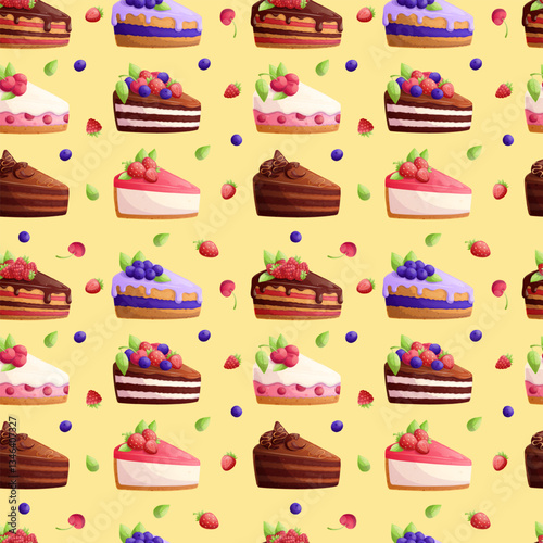 Seamless pattern with pieces of various cakes. The concept of pastry shop, baking, holiday, birthday. Vector illustration for the design of postcards, clothing, textiles, banners, posters