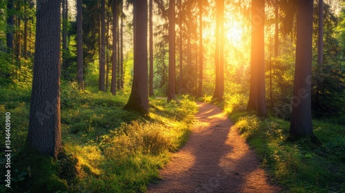Wallpaper Mural Forest Path Sunset with Golden Hour Nature Trail. (1) Torontodigital.ca