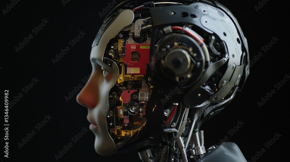 Fototapeta premium A side profile of a humanoid robot with its mechanical inner workings exposed, showcasing the complexity of robotics and the engineering behind artificial intelligence systems.. AI Generation