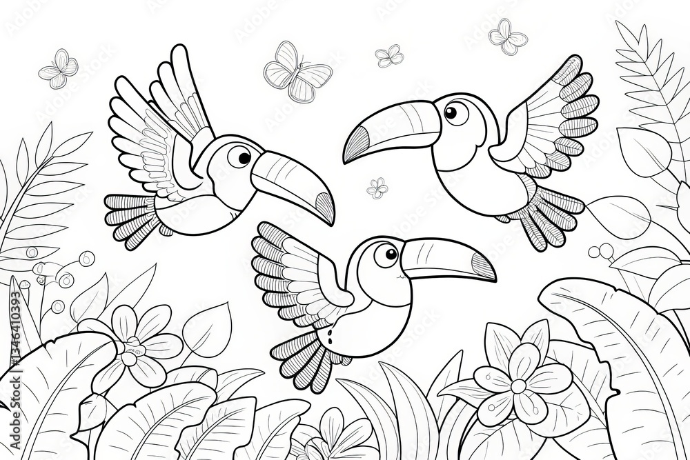 Fototapeta premium Tropical animal theme, Three cartoon toucans flying among tropical foliage and butterflies, in a coloring book style. Outline for coloring