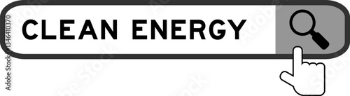 Search banner in word clean energy with hand over magnifier icon on white background