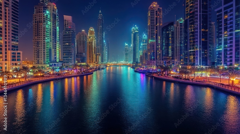 Naklejka premium High rise modern buildings lining a waterfront river at night