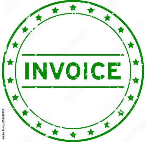 Grunge green invoice word round rubber seal stamp on white background