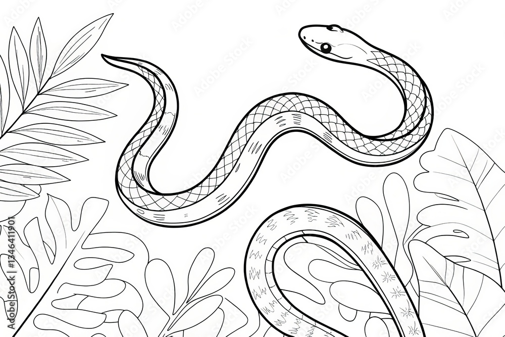 Obraz premium Tropical animal theme, A snake slithers among tropical leaves in this intricate line drawing. Outline for coloring