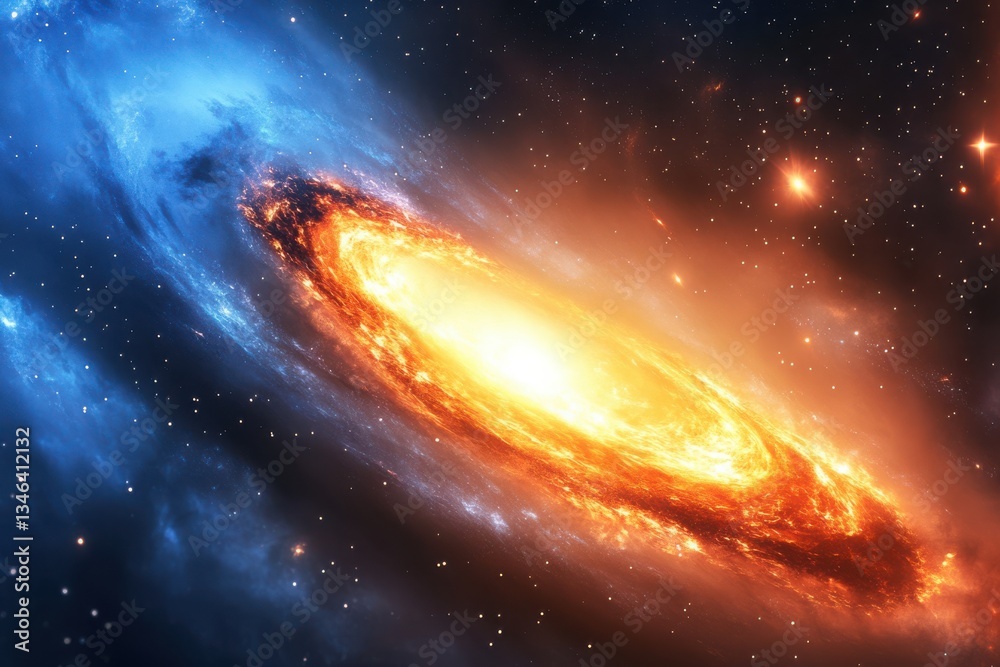 Fototapeta premium A vibrant galaxy with swirling orange and blue nebulae against a backdrop of distant stars