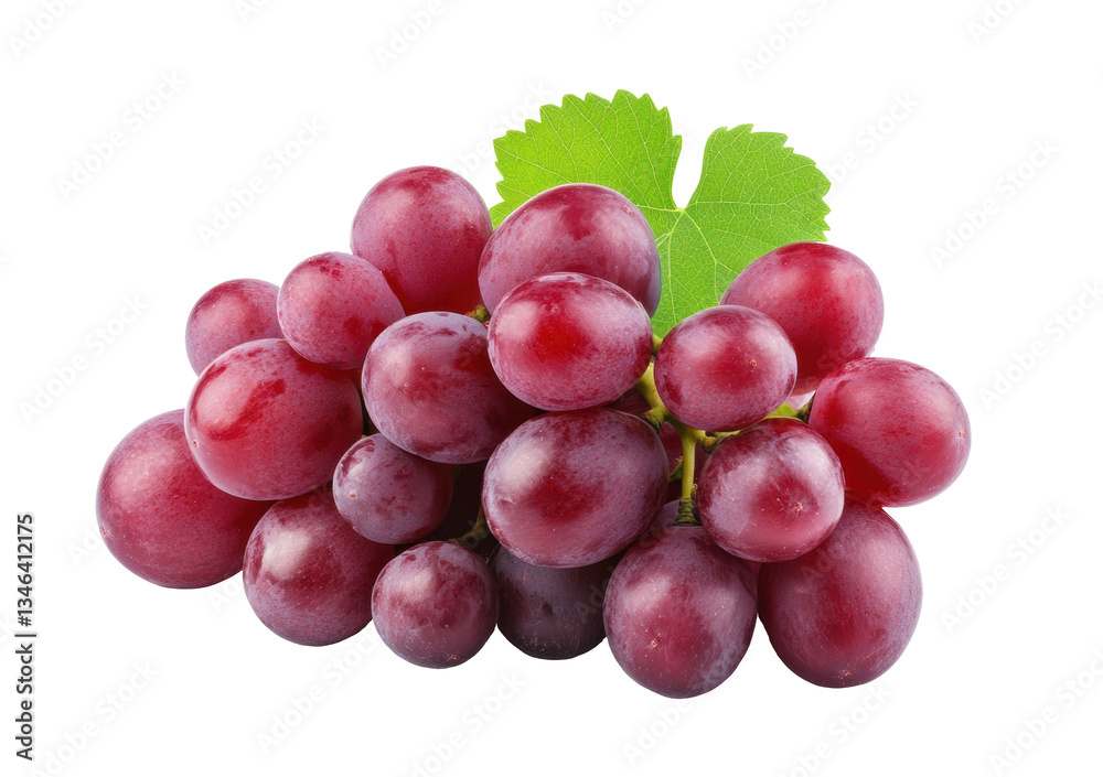 Fresh red grapes on display with green leaves attached on a transparent background, cut out Fresh red grapes on display with green leaves attached on a transparent background, cut out