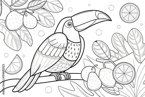 Tropical animal theme, Coloring page featuring a toucan among fruit and foliage elements. Outline for coloring photo