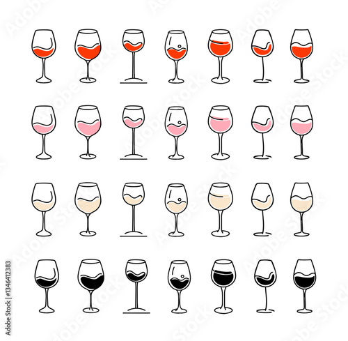 Wine glasses icon set in colorful design featuring red wine, rose wine, white wine and bold black colors