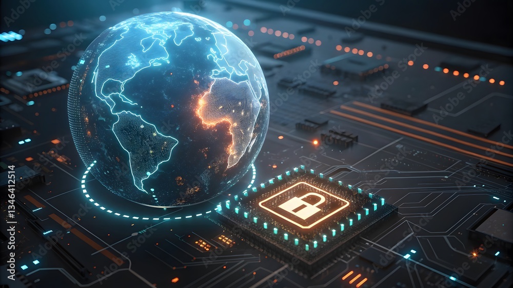 Fototapeta premium Futuristic Cybersecurity Glowing Earth & Digital Lock Visualization V7