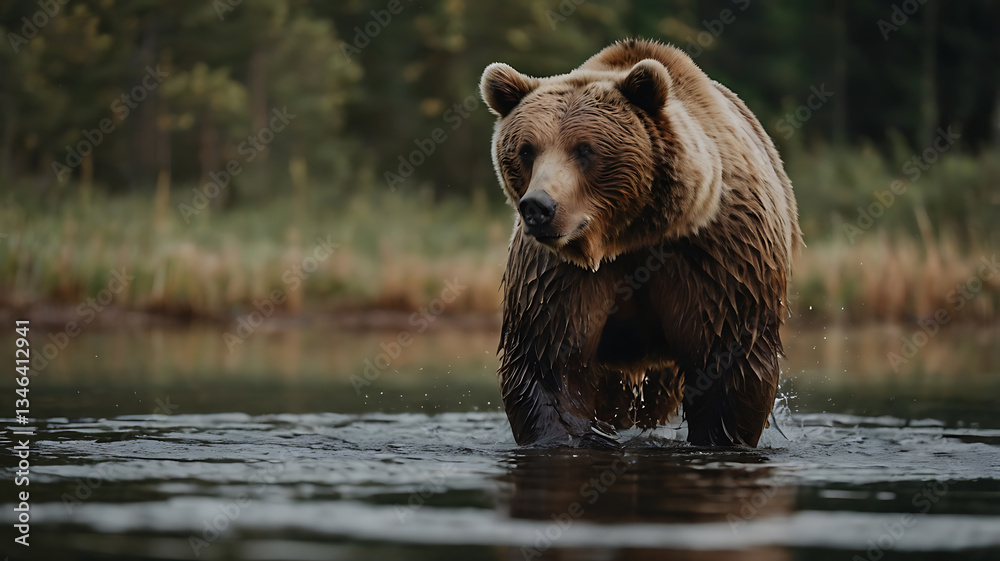Brown Bear Wading Through Water in Natural Habitat Wildlife Image Brown Bear Wading Through Water in Natural Habitat Wildlife Image
