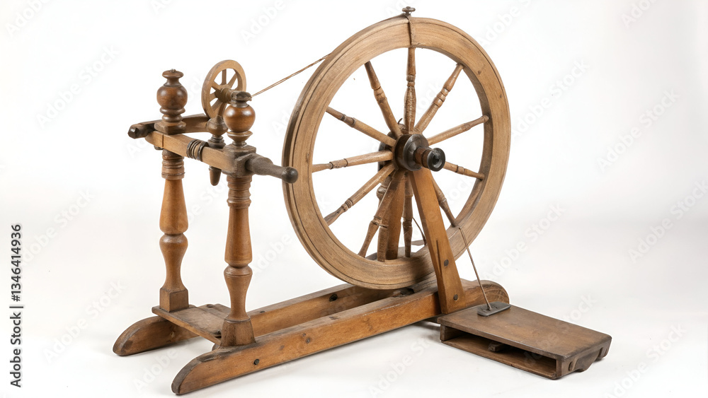 Obraz premium Antique Spinning Wheel: A vintage wooden spinning wheel with a large wheel and intricate details, showcasing traditional textile craftsmanship.
