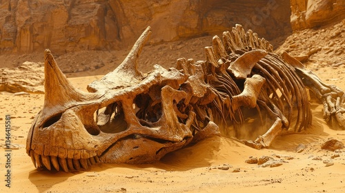 Desert dinosaur skeleton; ancient bones in sand photo