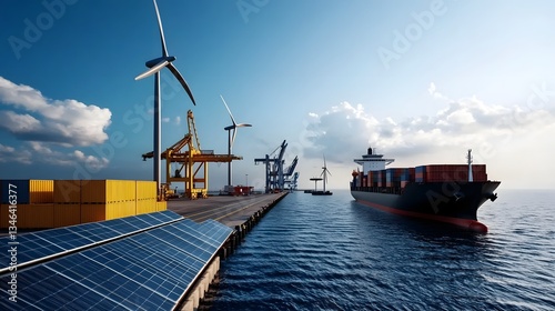 Sustainable Eco-Friendly 3D-Rendered Industrial Shipping Port Powered by Renewable Solar and Wind