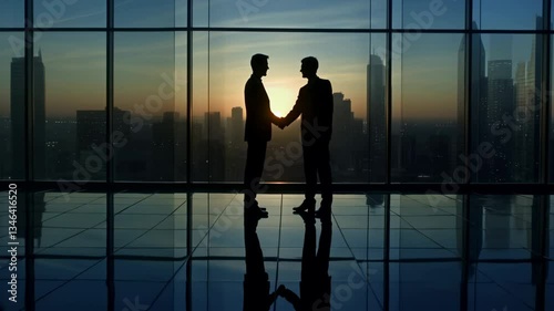 silhouette of two people making a deal. successful business agreement contract dealing businessman. financial consultant and client shaking hands. Generative AI