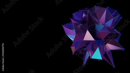 Canvas-taulu Multi-faceted polyhedron with purple and teal triangles on a black background, reflecting a glossy, futuristic style with geometric angles and a color shift