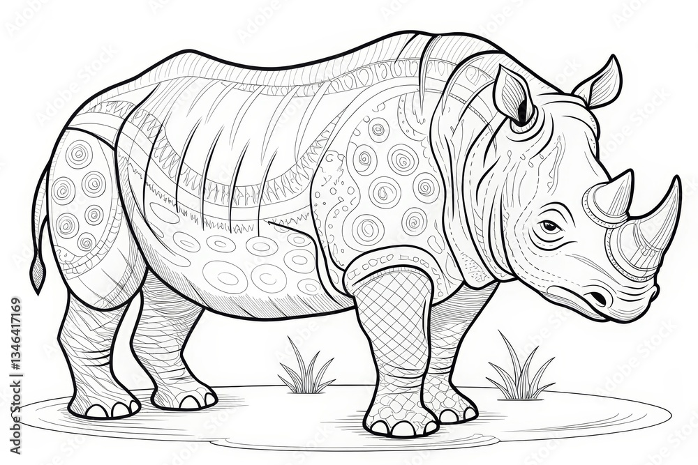 Fototapeta premium Safari animal theme, Intricate line art illustration of a rhinoceros with decorative patterns. Outline for coloring