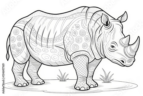 Fototapeta Naklejka Na Ścianę i Meble -  Safari animal theme, Intricate line art illustration of a rhinoceros with decorative patterns. Outline for coloring