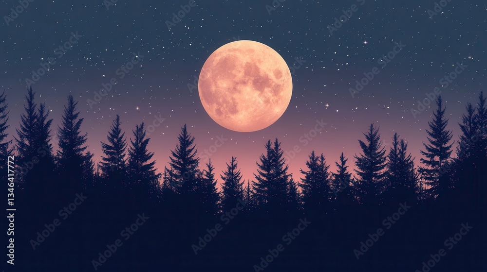 Naklejka premium Full Moon Rising Over Forest with Night Sky Landscape.