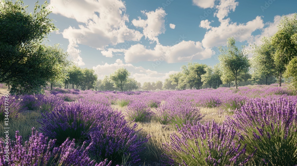 Obraz premium Serene Lavender Field Under Blue Sky with Soft White Clouds