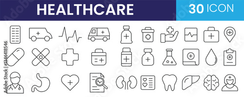 Collection of healthcare line icon. ambulance, heart, doctor, nurse, hospital, clinic, pharmacy, medicine, first aid, blood line icon vector
