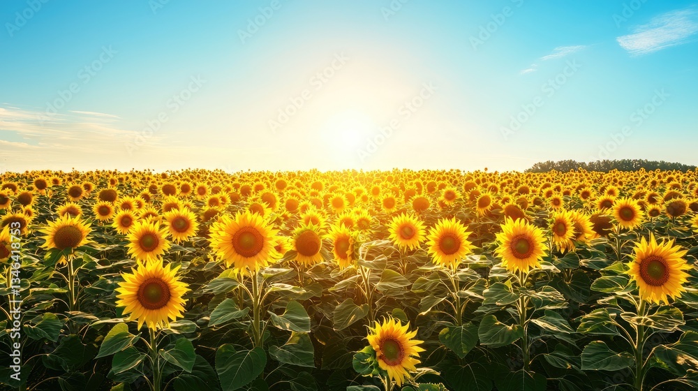 Fototapeta premium A vast field filled with blooming bright yellow sunflowers in sunlight