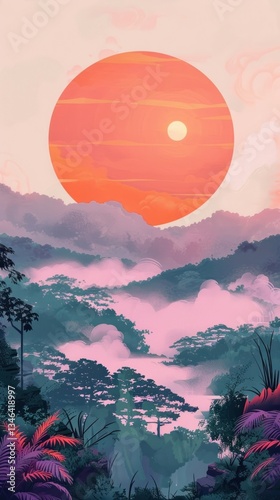 Painting japanese land landscape outdoors. photo