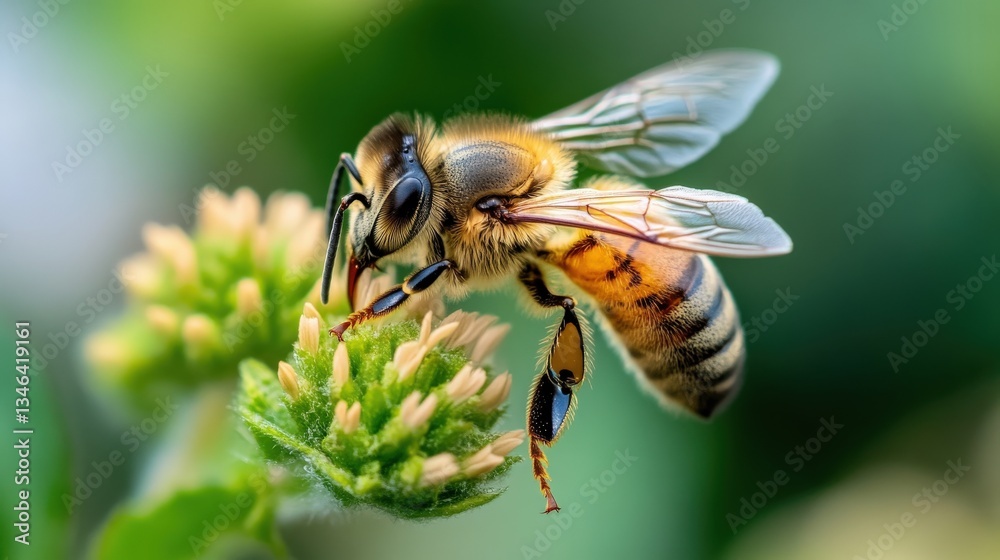 A Honeybee perched on a flower gathering nectar and pollen A Honeybee perched on a flower gathering nectar and pollen