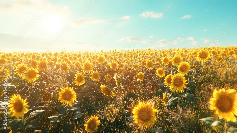 Obraz premium A vast field of blooming sunflowers under a sunny blue sky