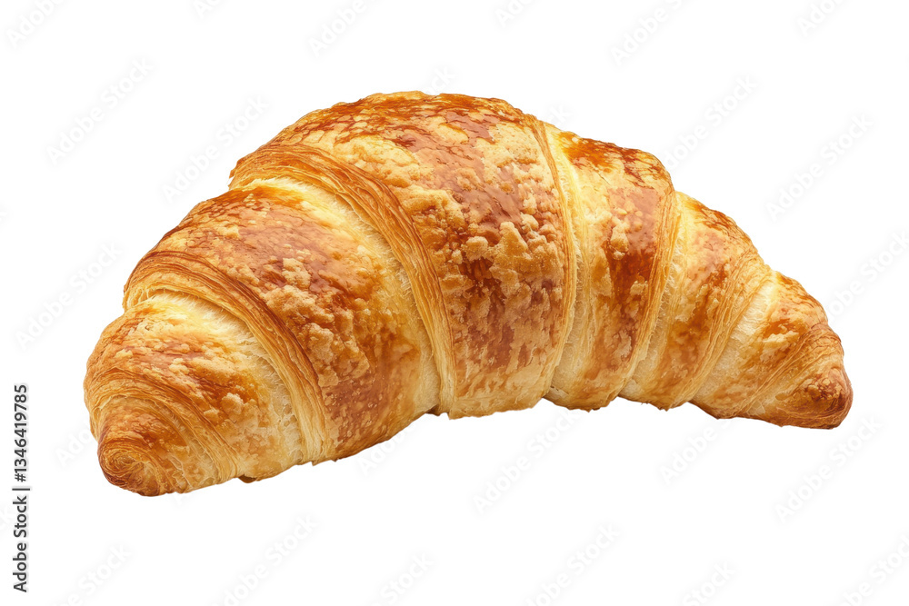 Golden flaky croissant with buttery layers shaped like a crescent from French bakery
