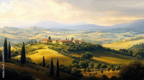 Breathtaking Tuscan Landscape with Rolling Hills and Golden Fields