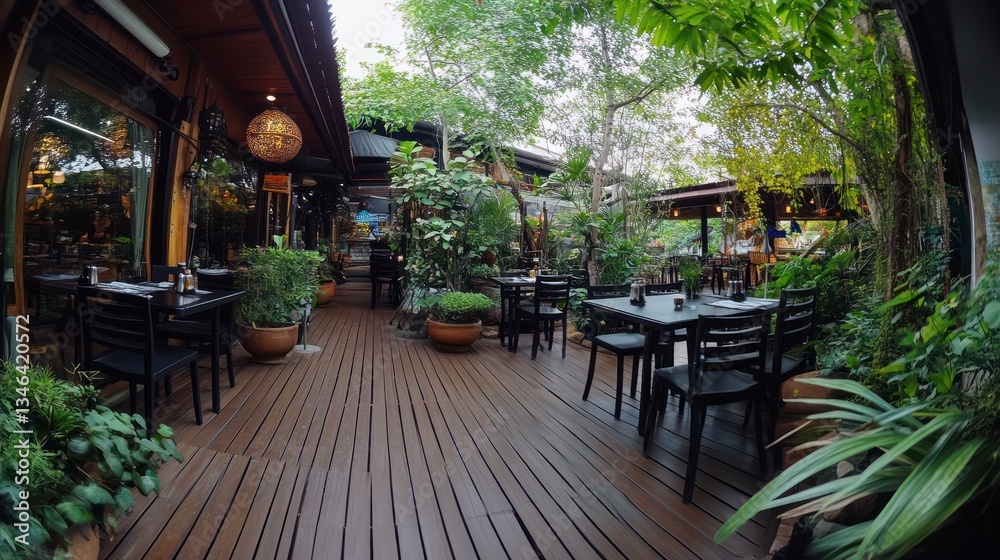 Fototapeta premium Outdoor restaurant patio, lush greenery, wooden deck, peaceful ambiance, photo for travel brochure
