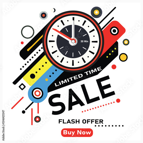 Flat promotional design for a Time Running Out sale. Stylized clock with bold red and yellow