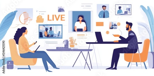 People engaged in a virtual meeting with multiple screens displaying live video and images in a modern workspace