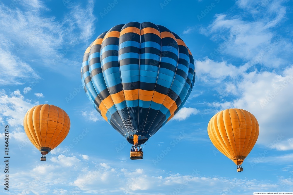 Fototapeta premium Hot Air Balloon Soaring Skyward with Yellow Balloons Trailing Behind. Cinematic Quality, Ultra-Realistic Scene of Cloudy Skies.