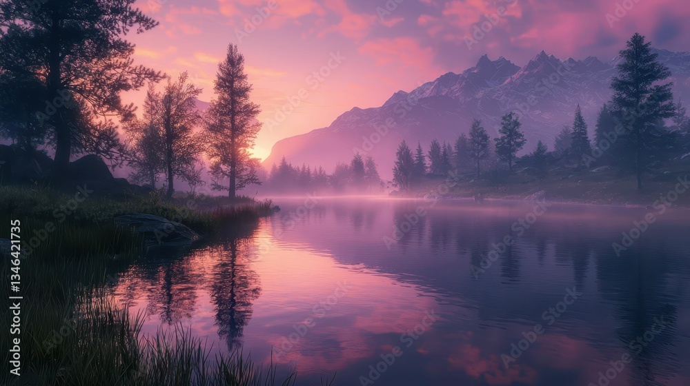 Obraz premium Serene Sunset Reflections Over a Tranquil Mountain Lake Scene