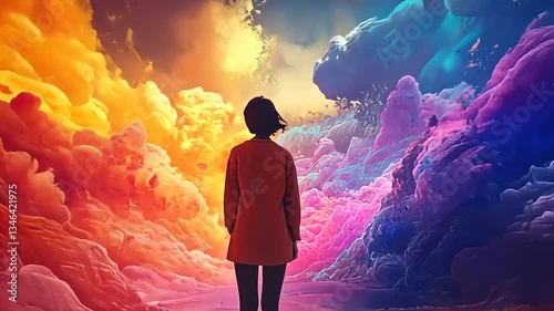 Woman Contemplating Colorful Cloudscape: A Surreal Dreamlike Landscape