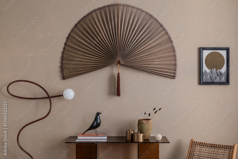 Fototapeta premium Elegant vignette featuring a textured fan wall decoration, sculptural decor, and a modern black bird figurine.