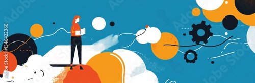 Colorful abstract illustration of a person standing with a book amidst creative shapes and gears in a vibrant landscape