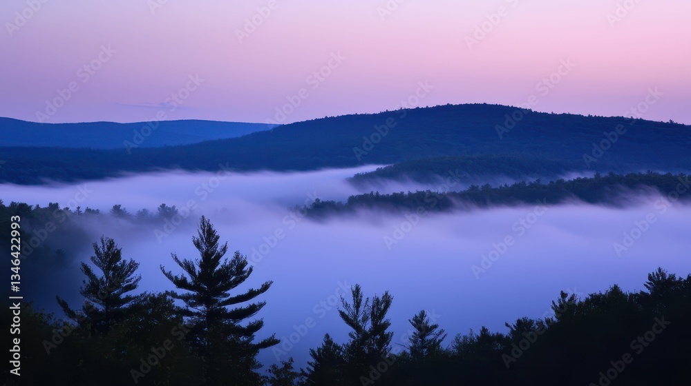 Fototapeta premium Serene Mountain Landscape at Dawn with Mist and Soft Color Palette