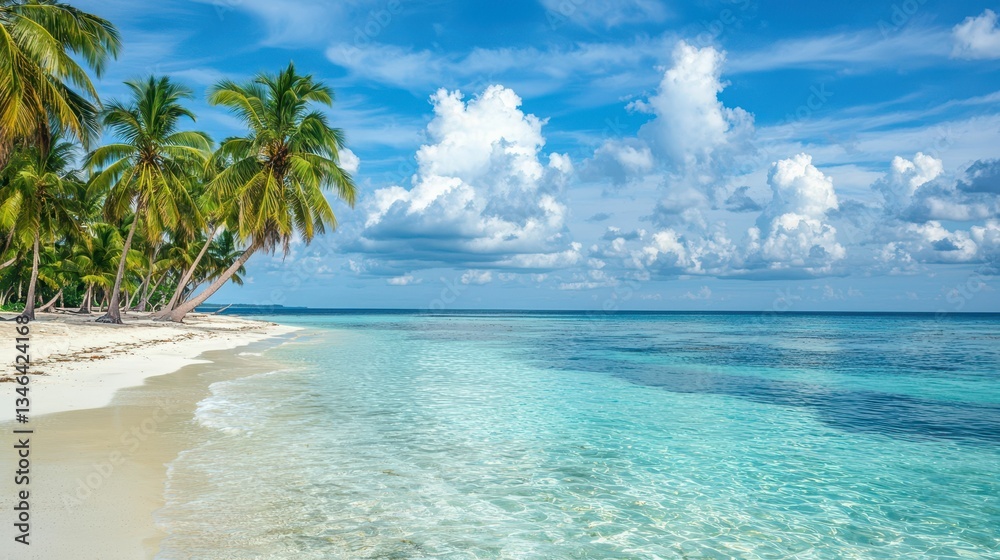 Fototapeta premium Serene Tropical Beach with Palm Trees and Clear Turquoise Water