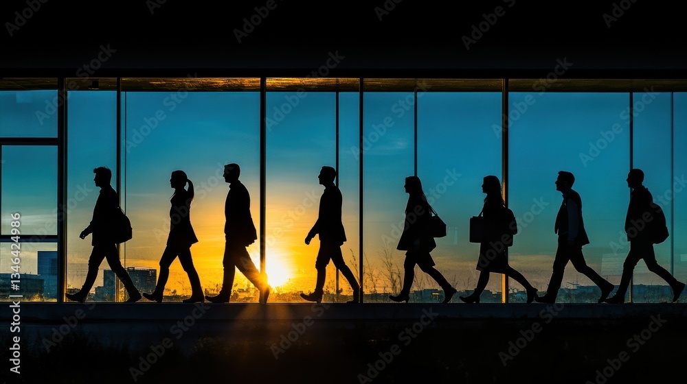 Fototapeta premium Business professionals walk towards the sunset in a modern office environment during early evening hours
