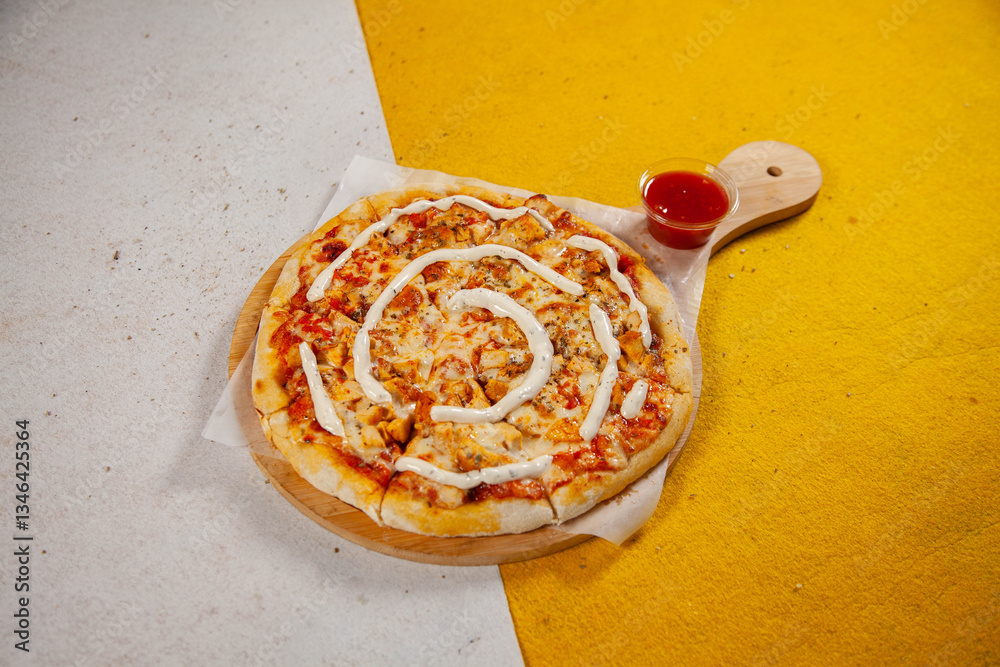 Chicken tikka masala thin crusted pizza baked in wood fired oven