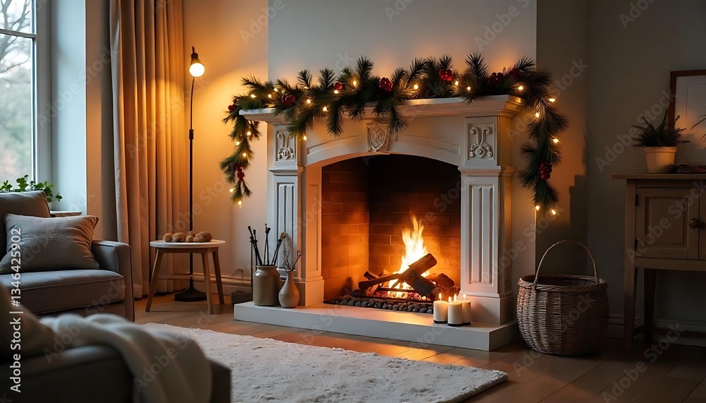 Fototapeta premium A cozy living room with a fireplace and festive decorations
