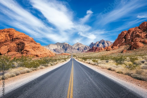 The road in the valley of red rocks,  a desert landscape with rocky mountains in the background.  Concept for travel and adventure.
