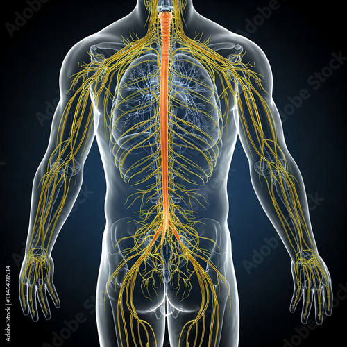 3d rendered illustration of a human body anatomy. An anatomical illustration showing the human nervous system in a transparent body, with nerves and the spinal cord.