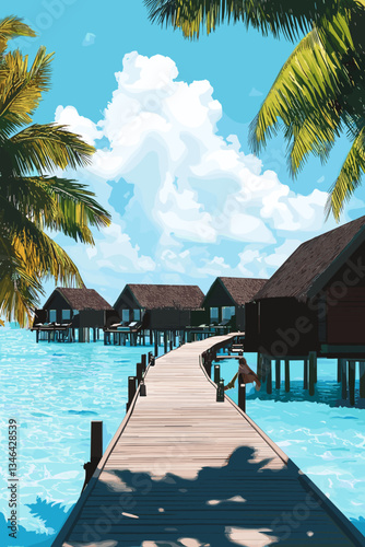 Tropical overwater bungalows on a serene blue lagoon, connected by a wooden pier. Palm trees frame the scene, creating a peaceful and idyllic island paradise