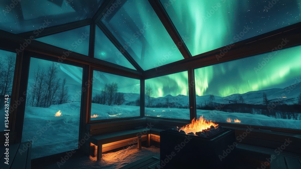 Fototapeta premium Cozy Glass Cabin Under the Northern Lights with Warm Fire Pit